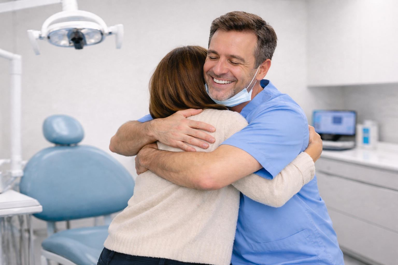 Dentist hugging patient