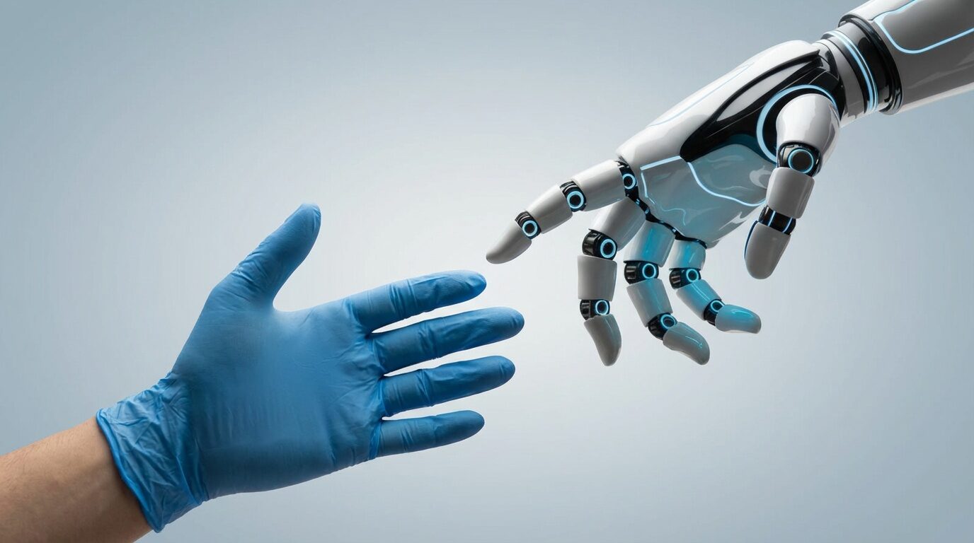 Dentist hand touching robot hand