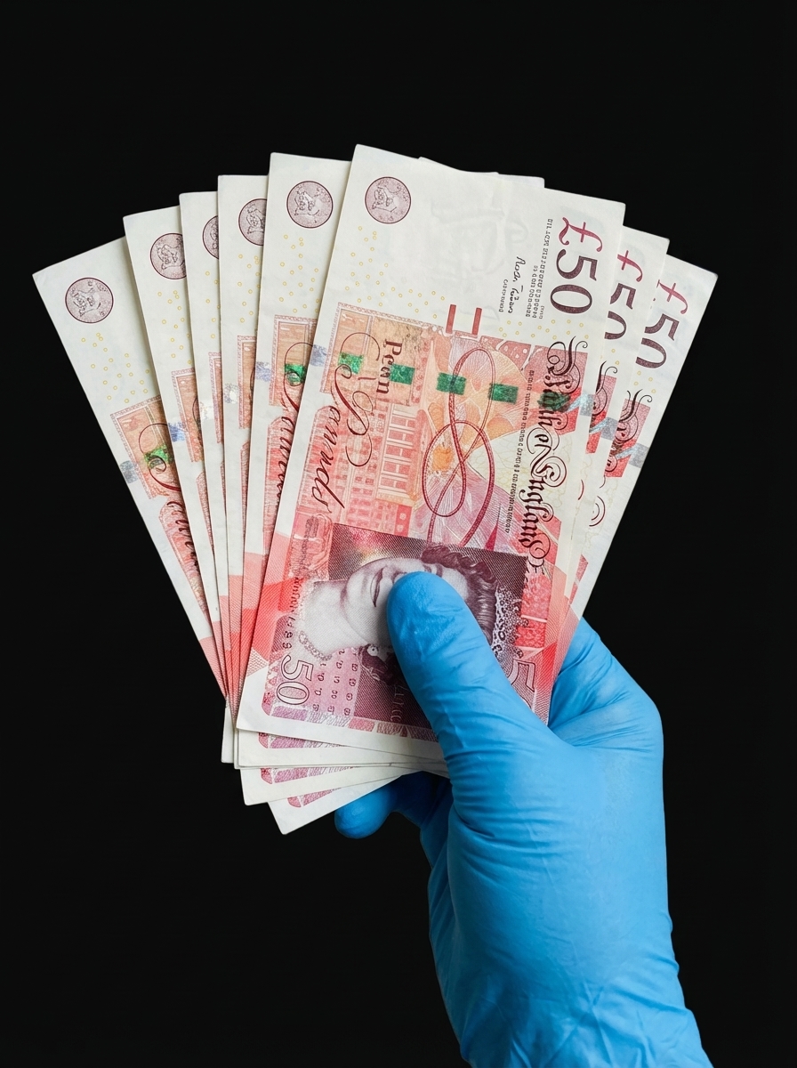 Dental professional in blue glove holding a fan of £50 notes