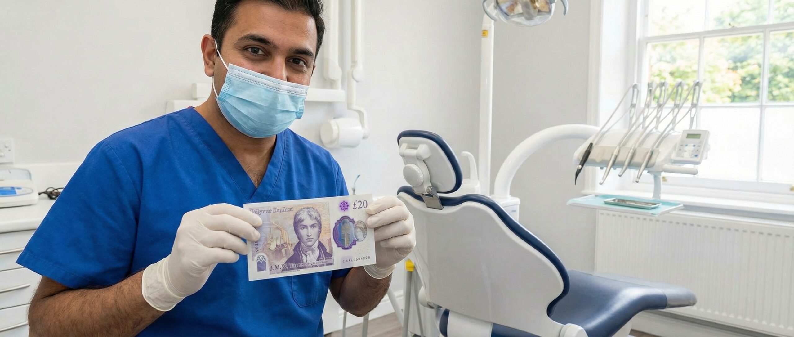 Dentist holding up cash